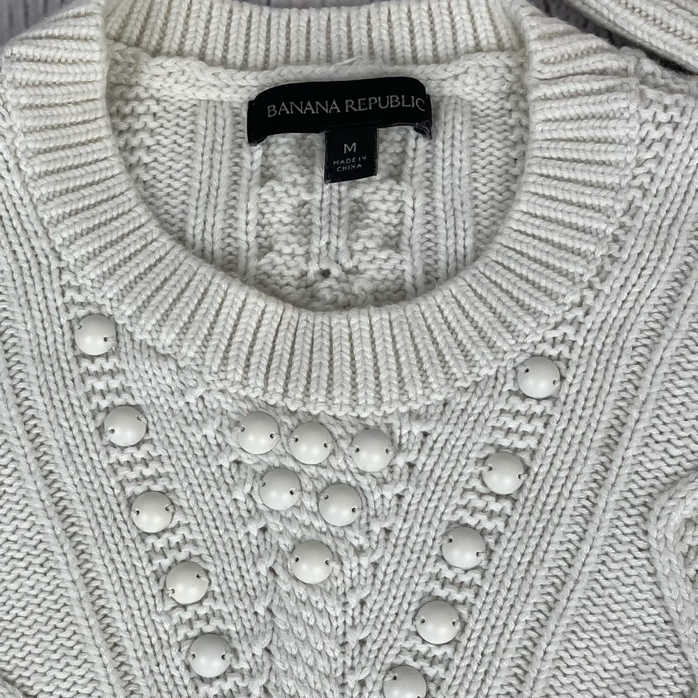Banana Republic Cable Knit Pearl Wool Blend Ski Sweater Size Medium Cream - Picture 3 of 12
